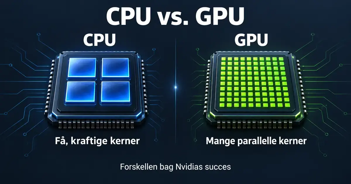 Illustration af en CPU med få, kraftige blå kerner og en GPU med mange små grønne kerner, der arbejder parallelt.