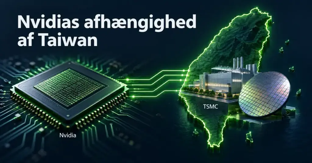 Illustration af en Nvidia-chip forbundet med en chipfabrik og en siliciumskive på Taiwan, som viser Nvidias afhængighed af TSMC.