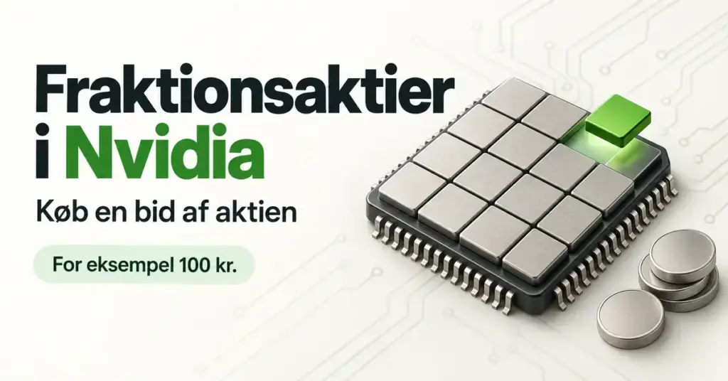 Grafik om fraktionsaktier i Nvidia med en mikrochip opdelt i mindre felter, én fremhævet grøn del og teksten »Køb en bid af aktien – for eksempel 100 kr.«.