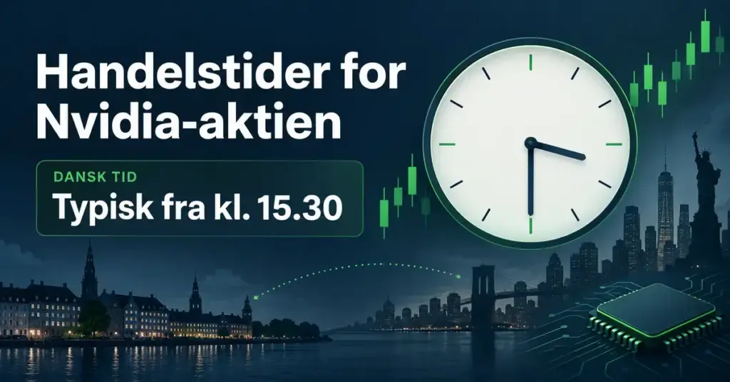 Grafik med et ur, en mikrochip og bysilhuetter fra Danmark og New York, der viser, at handel med Nvidia-aktien typisk starter kl. 15.30 dansk tid.