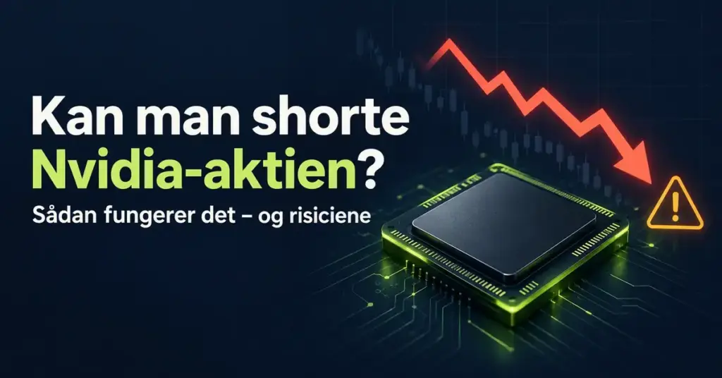 Grafik om short-handel med Nvidia-aktien med en mikrochip, en faldende rød kurspil og en advarselstrekant, der illustrerer risikoen.