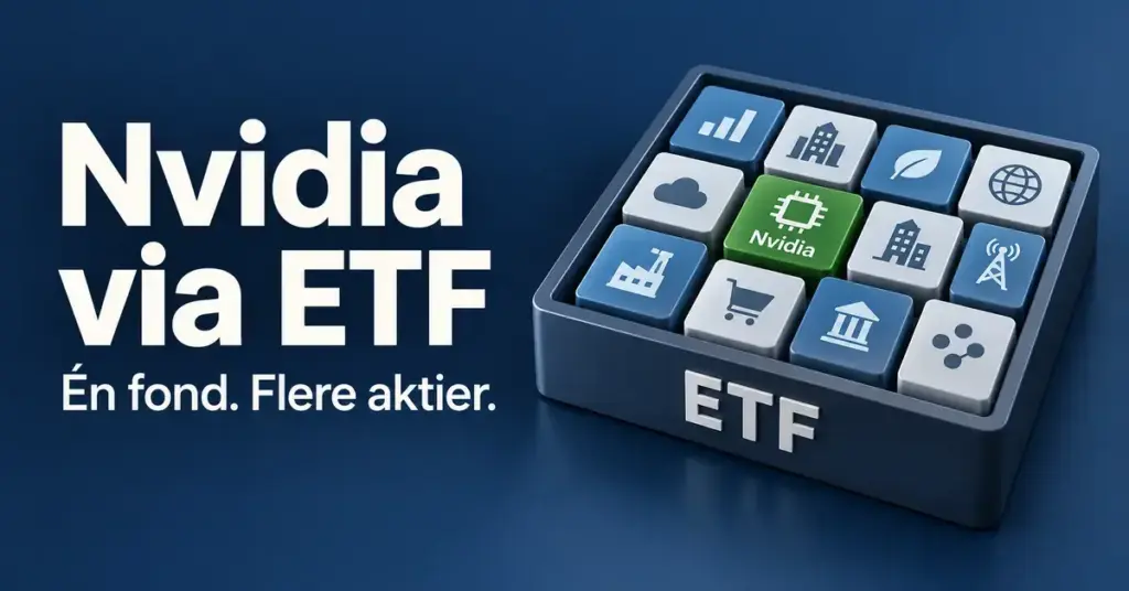 Illustration af en ETF med Nvidia som én af flere aktier og teksten »Nvidia via ETF – Én fond. Flere aktier.«.