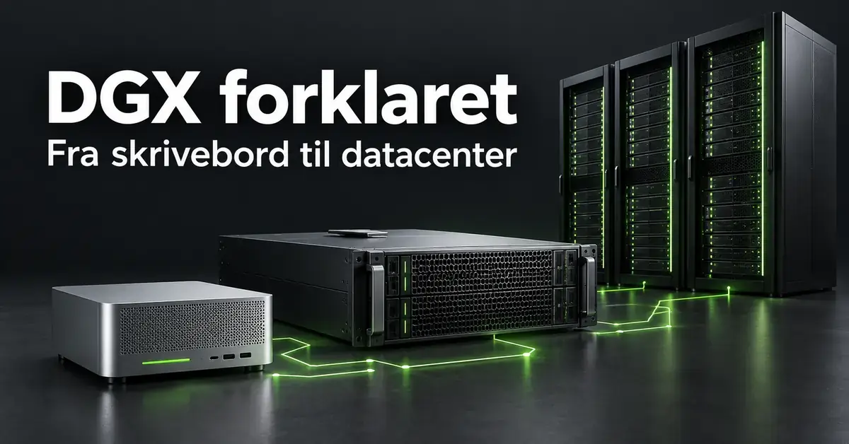 Illustration af DGX-konceptet med en kompakt AI-computer, en server og store serverrack forbundet af grønne lyslinjer fra skrivebord til datacenter.
