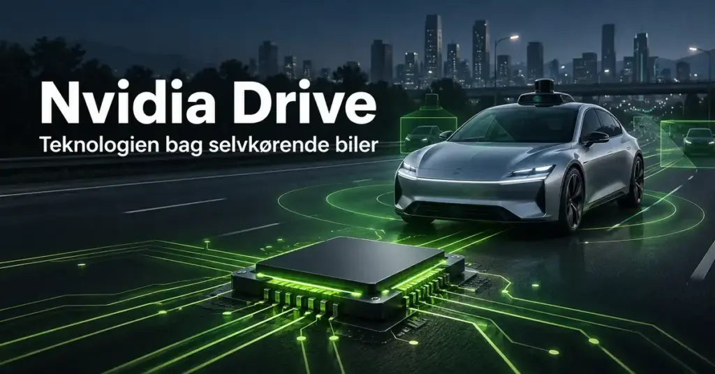 Illustration af en selvkørende bil med grønne sensormarkeringer og en computerchip foran en by som symbol på teknologien bag Nvidia Drive.