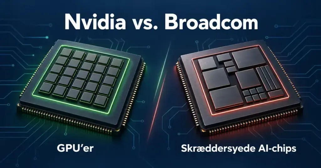 Grafisk sammenligning af Nvidias GPU’er og Broadcoms skræddersyede AI-chips, illustreret med to chips i grønne og røde nuancer på en mørk baggrund.