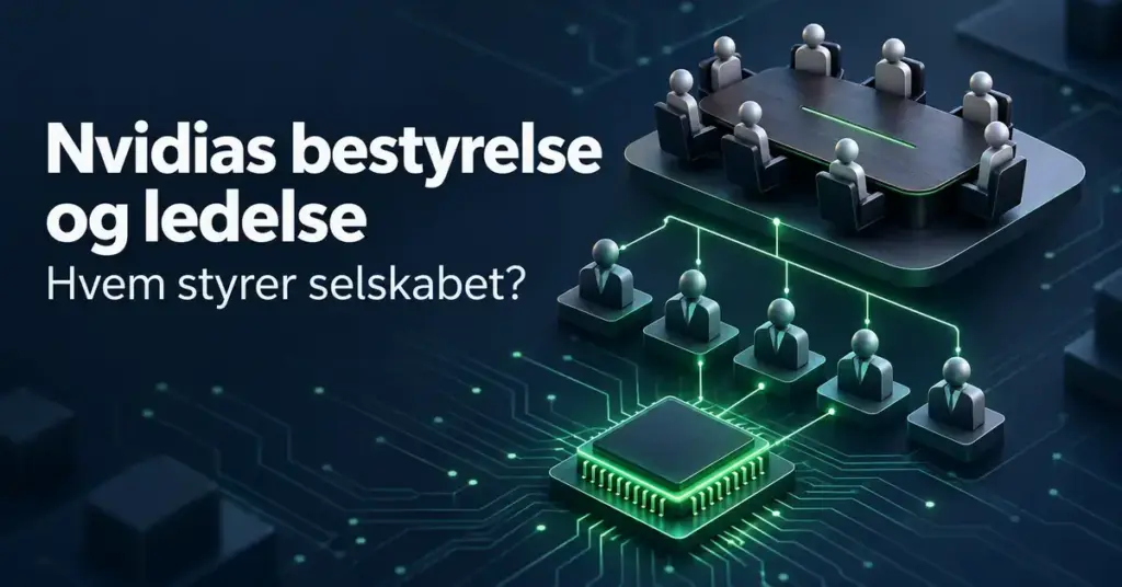 Illustration af Nvidias bestyrelse og ledelse med et mødebord og anonyme figurer forbundet til en mikrochip via grønne linjer.