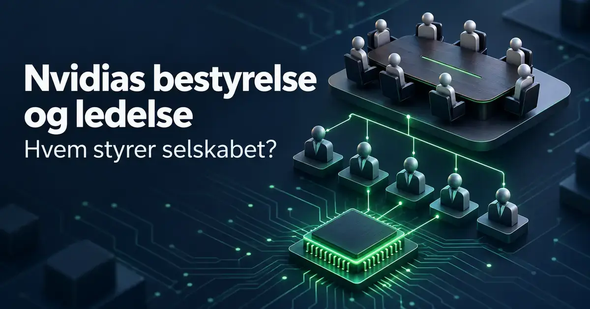 Illustration af Nvidias bestyrelse og ledelse med et mødebord og anonyme figurer forbundet til en mikrochip via grønne linjer.