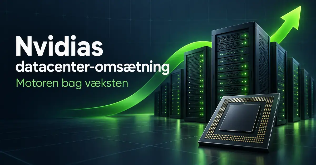Serverrack, en mikrochip og en stigende grøn pil illustrerer væksten i Nvidias datacenter-omsætning.