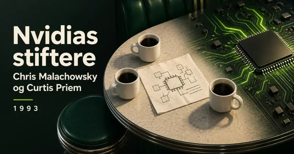 Tre kaffekopper og en chipskitse på et restaurantbord, der glider over i et grønt kredsløb, illustrerer Nvidias begyndelse i 1993 og historien om Chris Malachowsky og Curtis Priem.