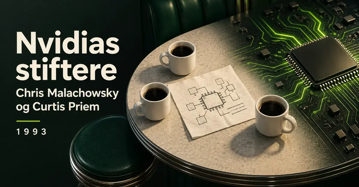 Tre kaffekopper og en chipskitse på et restaurantbord, der glider over i et grønt kredsløb, illustrerer Nvidias begyndelse i 1993 og historien om Chris Malachowsky og Curtis Priem.